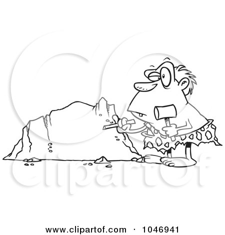 Royalty-Free (RF) Clip Art Illustration of a Cartoon Black And White Outline Design Of A Caveman Chiseling A Boulder by toonaday