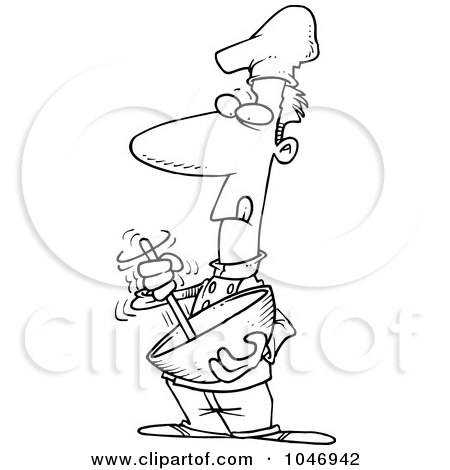 Royalty-Free (RF) Clip Art Illustration of a Cartoon Black And White Outline Design Of A Chef Using A Mixing Bowl by toonaday