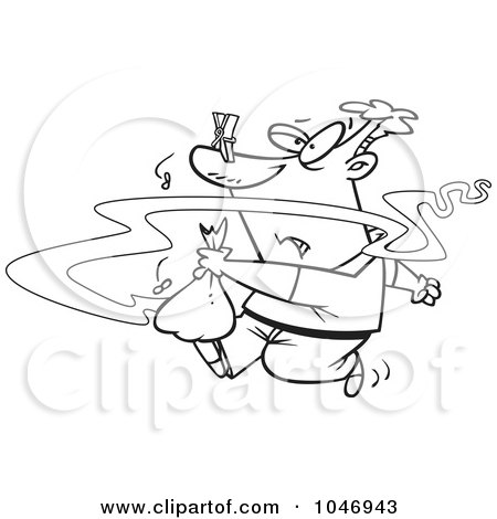 Royalty-Free (RF) Clip Art Illustration of a Cartoon Black And White Outline Design Of A Man Taking Out Smelly Garbage by toonaday