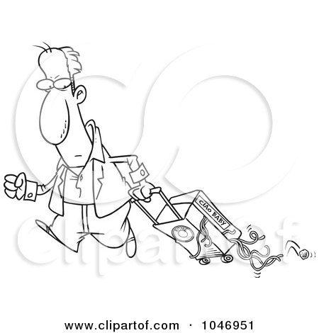 Royalty-Free (RF) Clip Art Illustration of a Cartoon Black And White Outline Design Of A Man Hauling Spaghetti In His Suitcase by toonaday