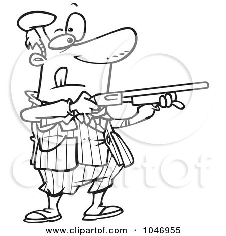 Royalty-Free (RF) Clip Art Illustration of a Cartoon Black And White Outline Design Of A Man Shooting Clay Pigeons by toonaday