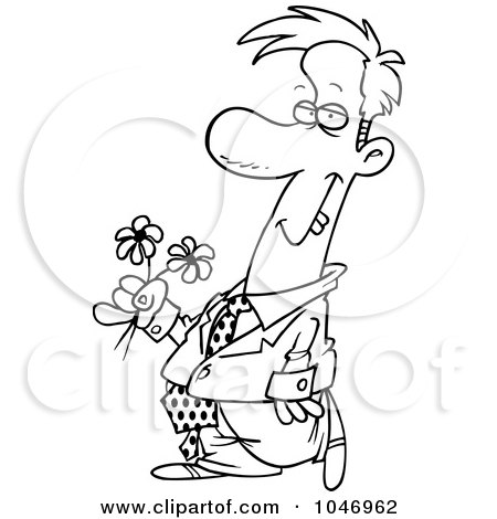 Royalty-Free (RF) Clip Art Illustration of a Cartoon Black And White Outline Design Of A Clashing Man Carrying Flowers by toonaday