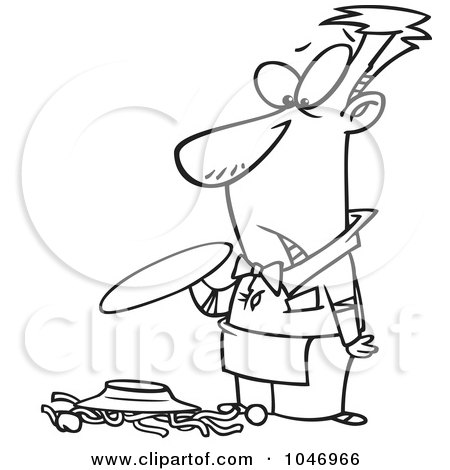 Royalty-Free (RF) Clip Art Illustration of a Cartoon Black And White Outline Design Of A Waiter Dropping Spaghetti by toonaday
