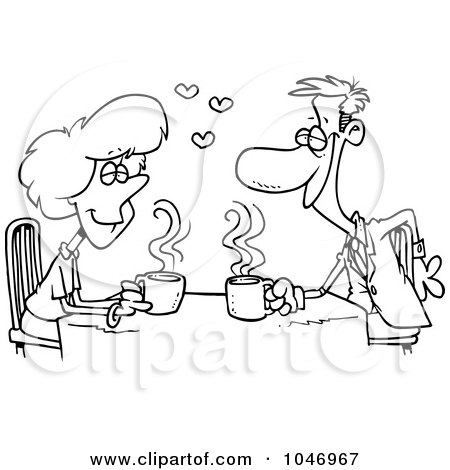Royalty-Free (RF) Clip Art Illustration of a Cartoon Black And White Outline Design Of Coffee Lovers On A Date by toonaday