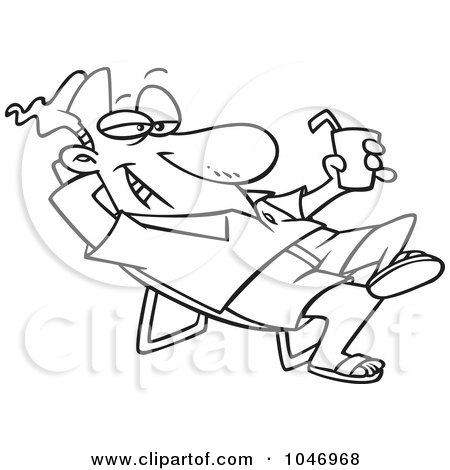 Royalty-Free (RF) Clip Art Illustration of a Cartoon Black And White Outline Design Of A Man Lounging And Holding A Cold Drink by toonaday