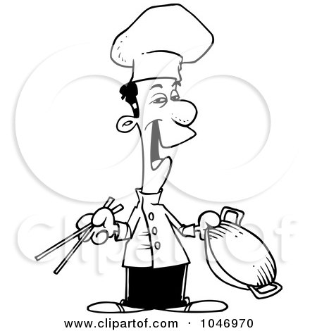Royalty-Free (RF) Clip Art Illustration of a Cartoon Black And White Outline Design Of A Chinese Chef by toonaday