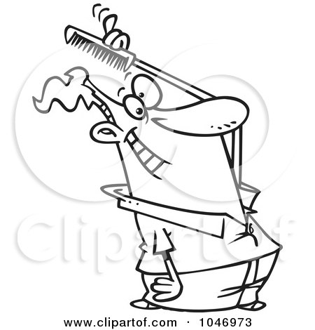 Royalty-Free (RF) Clip Art Illustration of a Cartoon Black And White Outline Design Of A Man Combing His Hair by toonaday