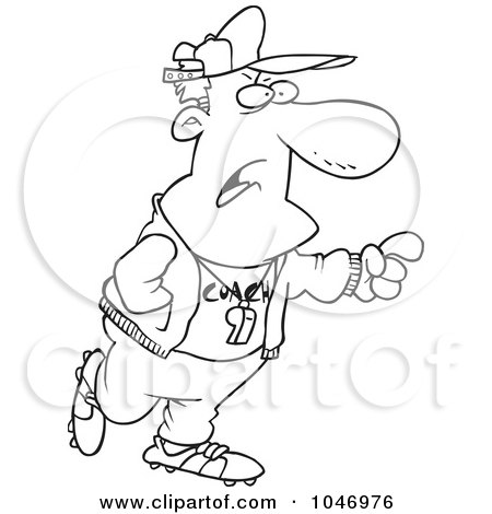 Royalty-Free (RF) Clip Art Illustration of a Cartoon Black And White Outline Design Of A Pointing Coach by toonaday