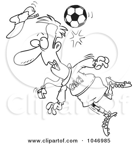 Royalty-Free (RF) Clip Art Illustration of a Cartoon Black And White Outline Design Of A Soccer Ball Hitting A Coach by toonaday