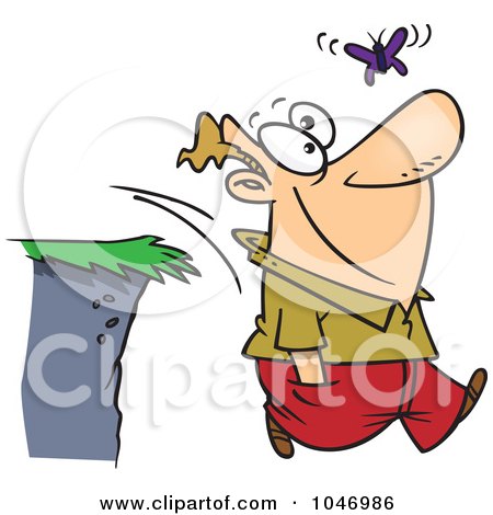 Royalty-Free (RF) Clip Art Illustration of a Cartoon Man Walking Off A Cliff While Following A Butterfly by toonaday