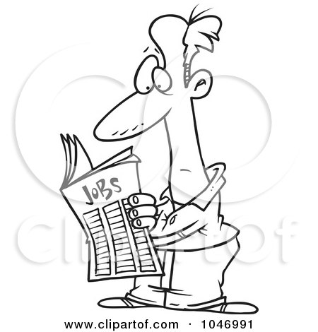 Royalty-Free (RF) Clip Art Illustration of a Cartoon Black And White Outline Design Of A Man Seeking For A Job In The Classifieds by toonaday