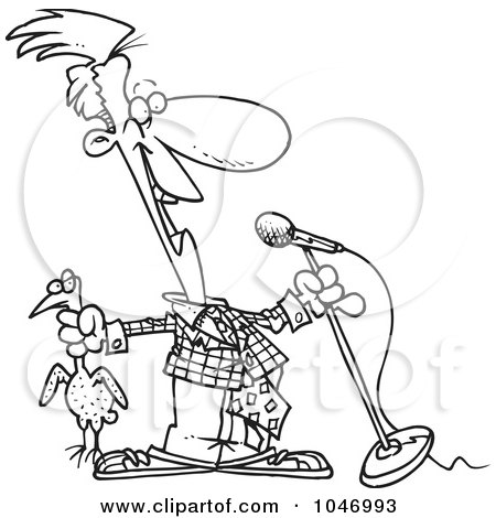 Royalty-Free (RF) Clip Art Illustration of a Cartoon Black And White Outline Design Of A Comedian Holding A Chicken by toonaday
