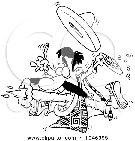 Royalty-Free (RF) Clip Art Illustration of a Cartoon Black And White Outline Design Of A Mexican Man Eating Spicy Food by toonaday