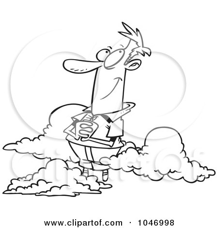 Royalty-Free (RF) Clip Art Illustration of a Cartoon Black And White Outline Design Of A Man In The Clouds by toonaday