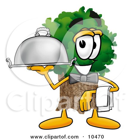 Clipart Picture of a Tree Mascot Cartoon Character Dressed as a Waiter and Holding a Serving Platter by Mascot Junction