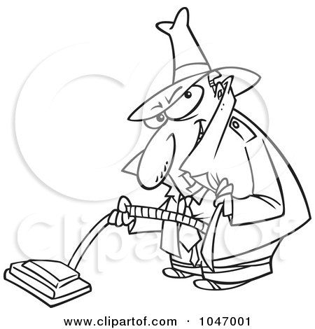 Royalty-Free (RF) Clip Art Illustration of a Cartoon Black And White Outline Design Of A Sneaky Man Using A Vacuum by toonaday