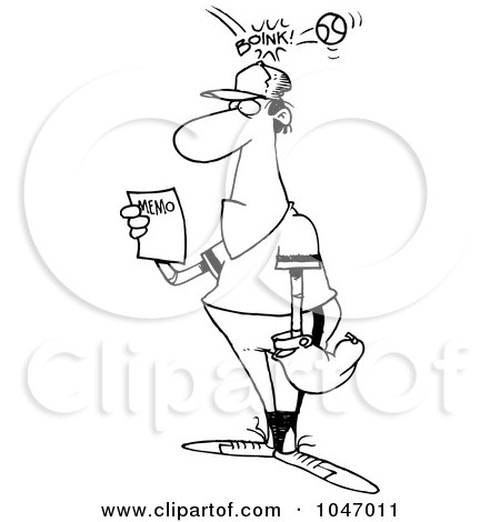 Royalty-Free (RF) Clip Art Illustration of a Cartoon Black And White Outline Design Of A Baseball Hitting A Player On The Head As He Reads A Memo by toonaday