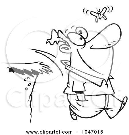 Royalty-Free (RF) Clip Art Illustration of a Cartoon Black And White Outline Design Of A Man Walking Off A Cliff While Following A Butterfly by toonaday