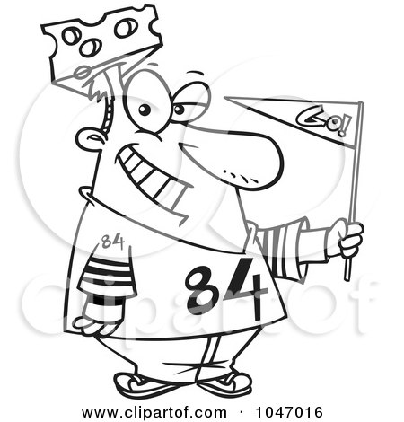 Royalty-Free (RF) Clip Art Illustration of a Cartoon Black And White Outline Design Of A Cheese Head Sports Fan by toonaday
