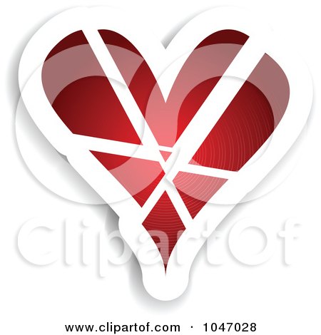 Royalty-Free (RF) Clip Art Illustration of a Red And White Shattered Heart Sticker With A Shadow by KJ Pargeter