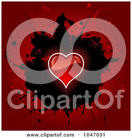 Royalty-Free (RF) Clip Art Illustration of a Shiny Red Heart Over A Black Splatter And Red Floral Grunge by KJ Pargeter