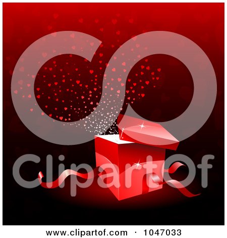 Royalty-Free (RF) Clip Art Illustration of a Red Valentines Day Gift Box With Flowing Hearts On Red by KJ Pargeter