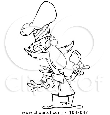 Royalty-Free (RF) Clip Art Illustration of a Cartoon Black And White Outline Design Of A Chef Holding A Chicken Drumstick by toonaday