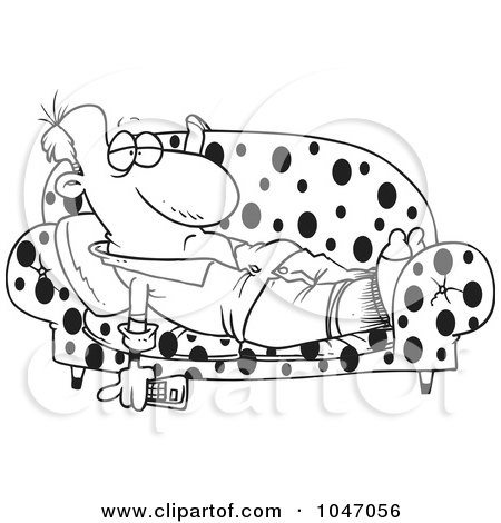 Royalty-Free (RF) Clip Art Illustration of a Cartoon Black And White Outline Design Of A Lazy Man Watching Tv On A Sofa by toonaday