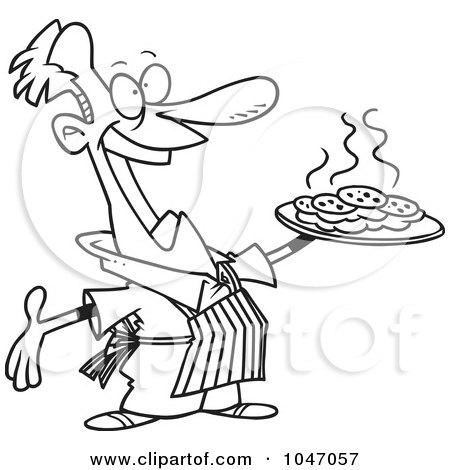 Royalty-Free (RF) Clip Art Illustration of a Cartoon Black And White Outline Design Of A Man Baking Cookies by toonaday