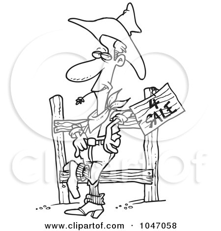 Royalty-Free (RF) Clip Art Illustration of a Cartoon Black And White Outline Design Of A Western Cowboy Selling Property by toonaday