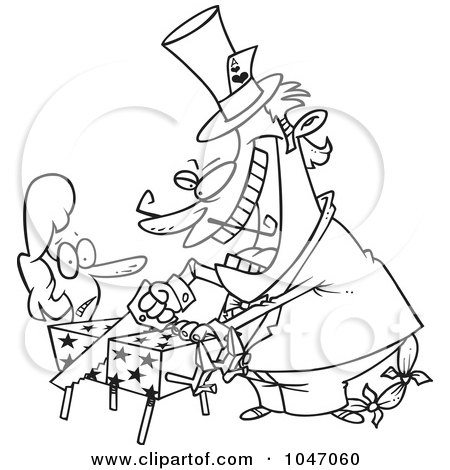 Royalty-Free (RF) Clip Art Illustration of a Cartoon Black And White Outline Design Of A Magician Cutting A Woman In A Box by toonaday