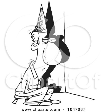 Royalty-Free (RF) Clip Art Illustration of a Cartoon Black And White Outline Design Of A Man Sitting In A Corner by toonaday