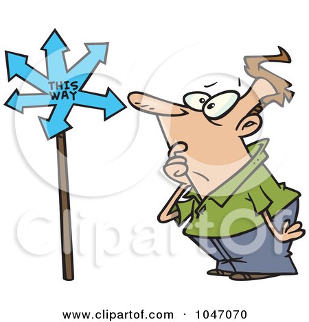 Royalty-Free (RF) Clip Art Illustration of a Cartoon Confused Man Viewing An Arrow Sign by toonaday