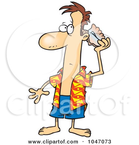 Royalty-Free (RF) Clip Art Illustration of a Cartoon Man Listening To A Conch Shell by toonaday