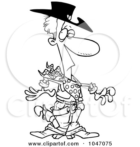 Royalty-Free (RF) Clip Art Illustration of a Cartoon Black And White Outline Design Of A Western Cowboy by toonaday