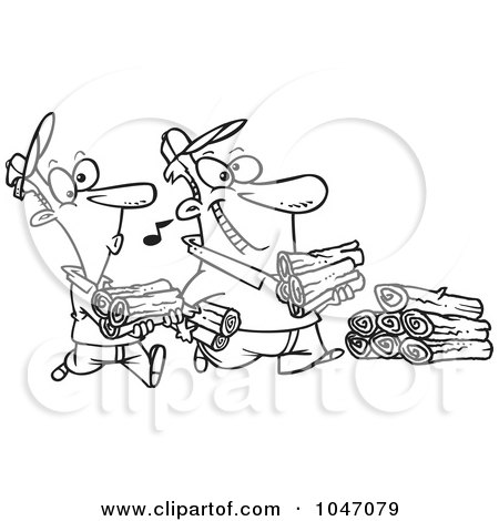 Royalty-Free (RF) Clip Art Illustration of a Cartoon Black And White Outline Design Of A Father And Son Carrying Wood by toonaday