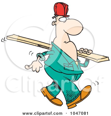 Royalty-Free (RF) Clip Art Illustration of a Cartoon Construction Worker Carrying A Wood Slat by toonaday