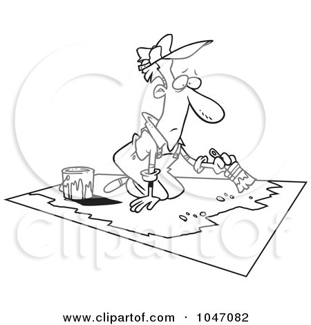 Royalty-Free (RF) Clip Art Illustration of a Cartoon Black And White Outline Design Of A Man Painting A Floor by toonaday