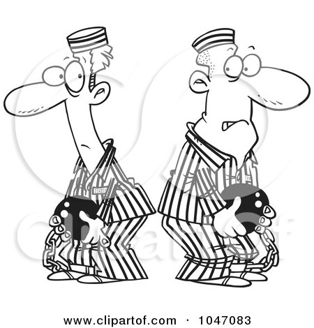 Royalty-Free (RF) Clip Art Illustration of a Cartoon Black And White Outline Design Of Two Convicts by toonaday
