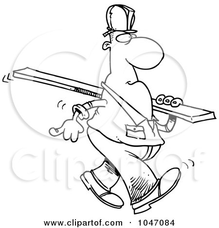 Royalty-Free (RF) Clip Art Illustration of a Cartoon Black And White Outline Design Of A Construction Worker Carrying A Wood Slat by toonaday