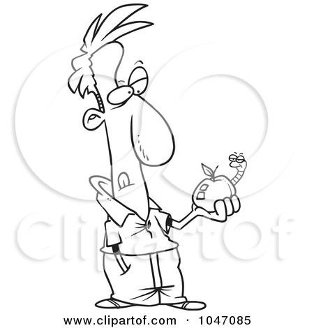 Royalty-Free (RF) Clip Art Illustration of a Cartoon Black And White Outline Design Of A Man Holding An Apple With A Worm by toonaday