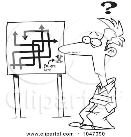 Royalty-Free (RF) Clip Art Illustration of a Cartoon Black And White Outline Design Of A Confused Man Viewing A Map Sign by toonaday