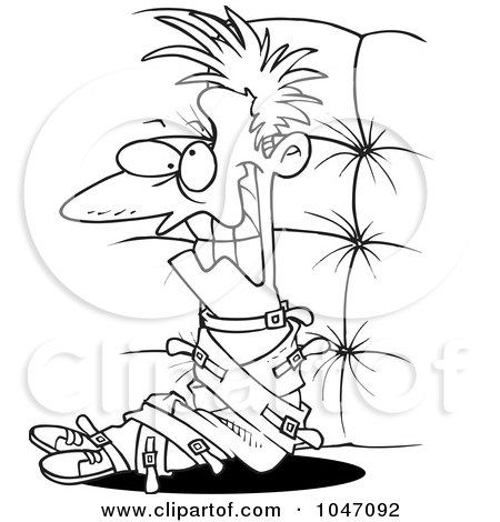 Royalty-Free (RF) Clip Art Illustration of a Cartoon Black And White Outline Design Of A Crazy Man In A Padded Room by toonaday