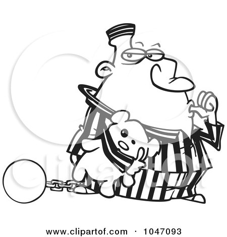 Royalty-Free (RF) Clip Art Illustration of a Cartoon Black And White Outline Design Of A Con Sucking His Thumb And Holding A Teddy Bear by toonaday