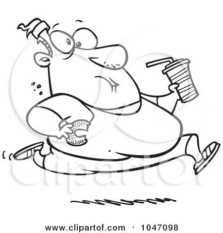 Royalty-Free (RF) Clip Art Illustration of a Cartoon Black And White Outline Design Of A Fat Man Running And Eating Junk Food by toonaday
