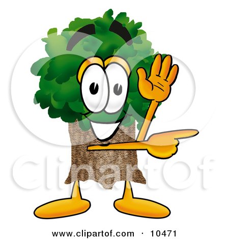 Clipart Picture of a Tree Mascot Cartoon Character Waving and Pointing by Mascot Junction