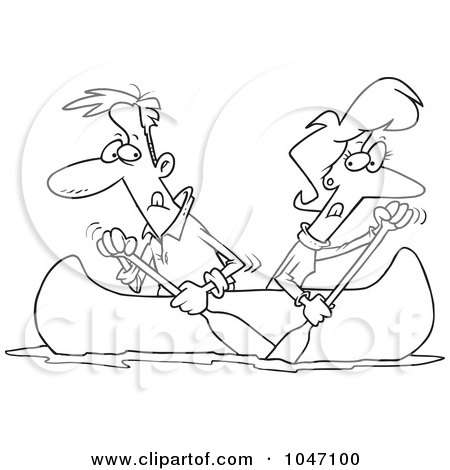 Royalty-Free (RF) Clip Art Illustration of a Cartoon Black And White Outline Design Of A Couple Rowing A Canoe In Opposite Directions by toonaday