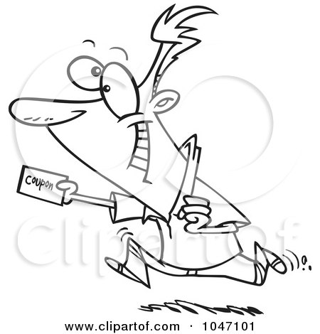Royalty-Free (RF) Clip Art Illustration of a Cartoon Black And White Outline Design Of A Man Using A Coupon by toonaday