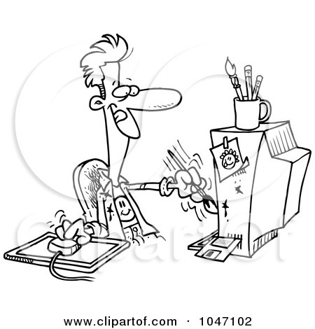 Royalty-Free (RF) Clip Art Illustration of a Cartoon Black And White Outline Design Of A Digital Artist Man by toonaday