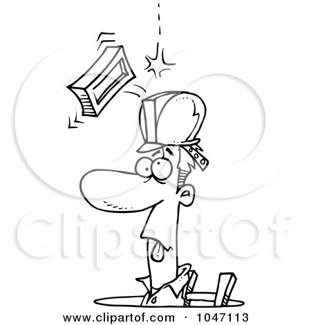 Royalty-Free (RF) Clip Art Illustration of a Cartoon Black And White Outline Design Of A Brick Falling On A Construction Guy In A Man Hole by toonaday
